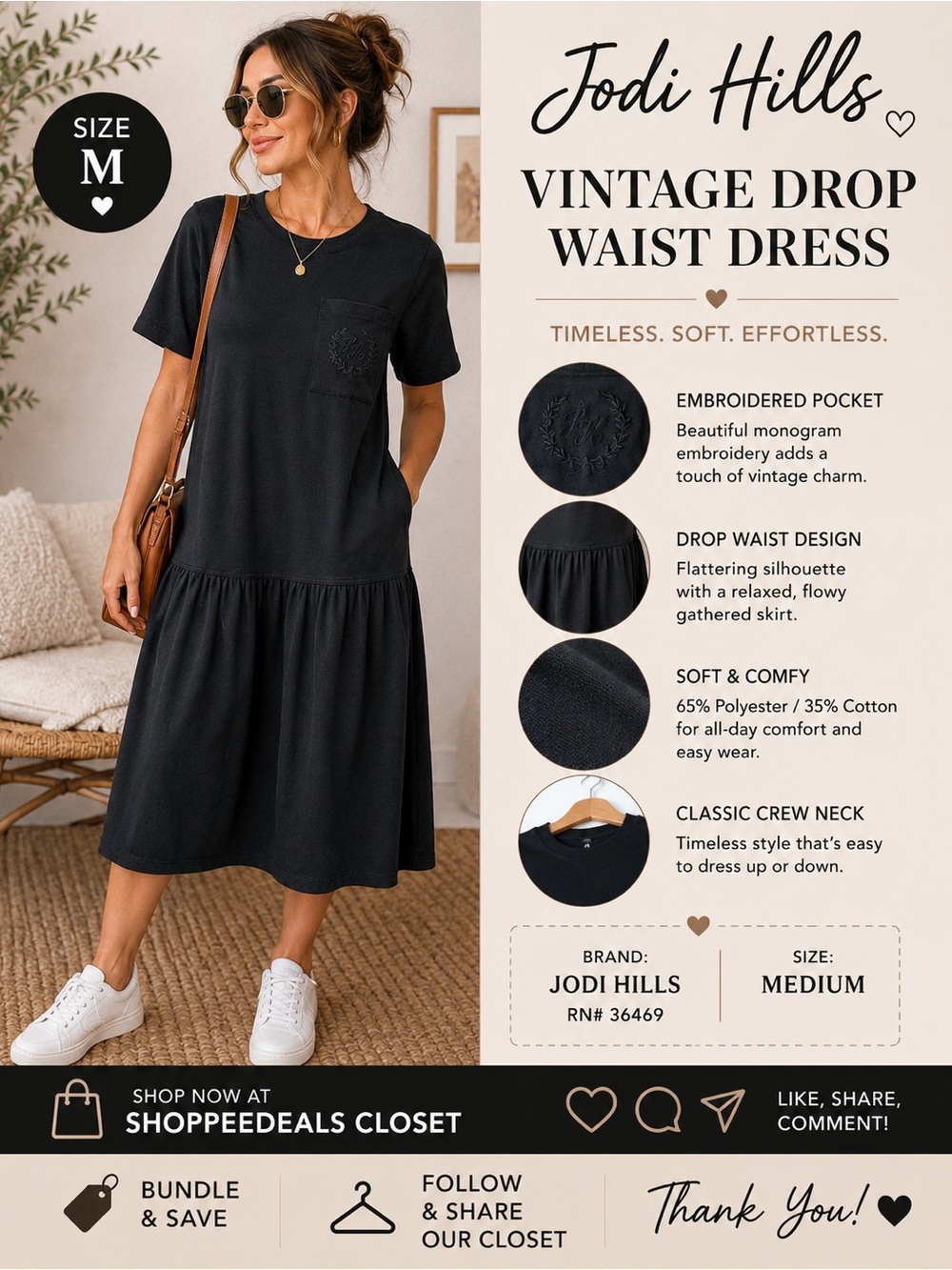 Vintage Jodi Hills Black Drop Waist Midi Dress | Size Medium